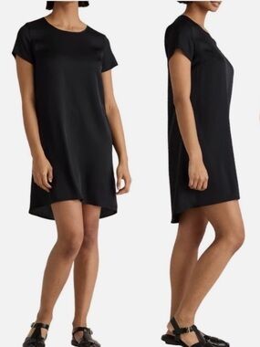 Quince Washable Silk Minimalist Black Short Sleeve Flowy Lightweight Shift Dress